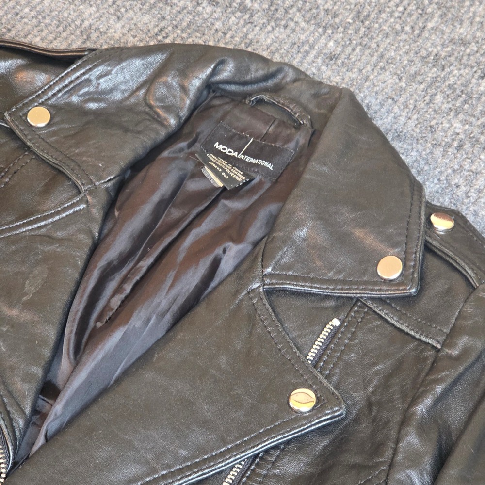 Moda International Moto Biker Leather Jacket Black Full Zip Studded XS
